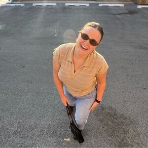 MKM Designs Tan and White Ribbed Cap Sleeve Polo